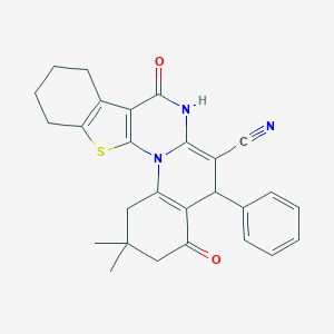 molecular formula C27H25N3O2S B389057 2,2-dimethyl-4,8-dioxo-5-phenyl-1,3,4,5,7,8,9,10,11,12-decahydro-2H-[1]benzothieno[3',2':5,6]pyrimido[1,2-a]quinoline-6-carbonitrile 