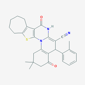 molecular formula C29H29N3O2S B389058 2,2-dimethyl-5-(2-methylphenyl)-4,8-dioxo-1,3,4,5,7,8,10,11,12,13-decahydro-2H,9H-cyclohepta[4',5']thieno[3',2':5,6]pyrimido[1,2-a]quinoline-6-carbonitrile 