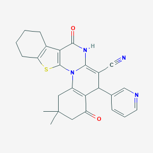 molecular formula C26H24N4O2S B389059 2,2-dimethyl-4,8-dioxo-5-(3-pyridinyl)-1,3,4,5,7,8,9,10,11,12-decahydro-2H-[1]benzothieno[3',2':5,6]pyrimido[1,2-a]quinoline-6-carbonitrile 