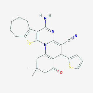 molecular formula C26H26N4OS2 B389060 8-amino-2,2-dimethyl-4-oxo-5-(2-thienyl)-1,3,4,5,10,11,12,13-octahydro-2H,9H-cyclohepta[4',5']thieno[3',2':5,6]pyrimido[1,2-a]quinoline-6-carbonitrile 