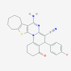 molecular formula C26H23FN4OS B389064 8-amino-5-(4-fluorophenyl)-4-oxo-1,3,4,5,10,11,12,13-octahydro-2H,9H-cyclohepta[4',5']thieno[3',2':5,6]pyrimido[1,2-a]quinoline-6-carbonitrile 
