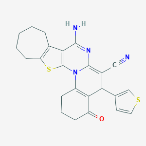 molecular formula C24H22N4OS2 B389068 8-amino-4-oxo-5-(3-thienyl)-1,3,4,5,10,11,12,13-octahydro-2H,9H-cyclohepta[4',5']thieno[3',2':5,6]pyrimido[1,2-a]quinolin-6-yl cyanide 