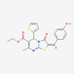 molecular formula C21H18N2O4S2 B3891493 ethyl (2E)-2-(4-hydroxybenzylidene)-7-methyl-3-oxo-5-(thiophen-2-yl)-2,3-dihydro-5H-[1,3]thiazolo[3,2-a]pyrimidine-6-carboxylate 