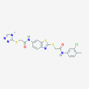molecular formula C21H19ClN6O2S3 B389201 N-(2-{[2-(3-chloro-4-methylanilino)-2-oxoethyl]sulfanyl}-1,3-benzothiazol-6-yl)-2-[(4-methyl-4H-1,2,4-triazol-3-yl)sulfanyl]acetamide 