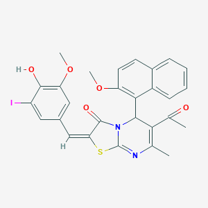 molecular formula C28H23IN2O5S B389204 (2E)-6-acetyl-2-(4-hydroxy-3-iodo-5-methoxybenzylidene)-5-(2-methoxynaphthalen-1-yl)-7-methyl-5H-[1,3]thiazolo[3,2-a]pyrimidin-3(2H)-one 