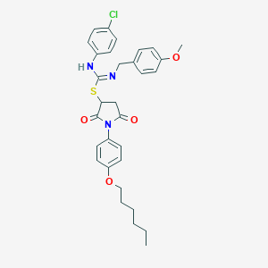 1-[4-(hexyloxy)phenyl]-2,5-dioxopyrrolidin-3-yl N'-(4-chlorophenyl)-N-(4-methoxybenzyl)carbamimidothioate