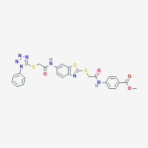 molecular formula C26H21N7O4S3 B389218 methyl 4-[({[6-({[(1-phenyl-1H-tetrazol-5-yl)sulfanyl]acetyl}amino)-1,3-benzothiazol-2-yl]sulfanyl}acetyl)amino]benzoate 