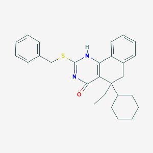 molecular formula C27H30N2OS B389221 2-benzylsulfanyl-5-cyclohexyl-5-ethyl-1,6-dihydrobenzo[h]quinazolin-4-one 
