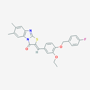 molecular formula C27H23FN2O3S B389226 2-{3-ethoxy-4-[(4-fluorobenzyl)oxy]benzylidene}-6,7-dimethyl[1,3]thiazolo[3,2-a]benzimidazol-3(2H)-one 