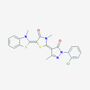 molecular formula C22H17ClN4O2S2 B389233 2-[1-(2-chlorophenyl)-3-methyl-5-oxo-1,5-dihydro-4H-pyrazol-4-ylidene]-3-methyl-5-(3-methyl-1,3-benzothiazol-2(3H)-ylidene)-1,3-thiazolidin-4-one 