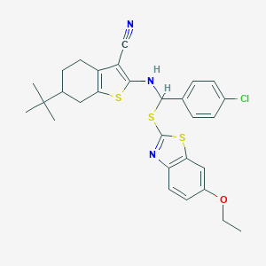 molecular formula C29H30ClN3OS3 B389267 6-(Tert-butyl)-2-({(4-chlorophenyl)[(6-ethoxy-1,3-benzothiazol-2-yl)sulfanyl]methyl}amino)-4,5,6,7-tetrahydro-1-benzothiophene-3-carbonitrile 