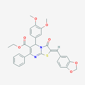 molecular formula C31H26N2O7S B389286 ethyl (2Z)-2-(1,3-benzodioxol-5-ylmethylidene)-5-(3,4-dimethoxyphenyl)-3-oxo-7-phenyl-2,3-dihydro-5H-[1,3]thiazolo[3,2-a]pyrimidine-6-carboxylate 