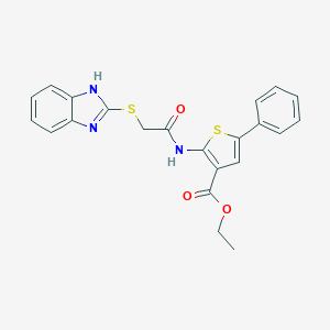 molecular formula C22H19N3O3S2 B389308 ethyl 2-{[(1H-benzimidazol-2-ylsulfanyl)acetyl]amino}-5-phenyl-3-thiophenecarboxylate CAS No. 726137-03-7