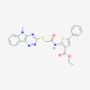 molecular formula C25H21N5O3S2 B389312 ethyl 2-({[(5-methyl-5H-[1,2,4]triazino[5,6-b]indol-3-yl)sulfanyl]acetyl}amino)-5-phenyl-3-thiophenecarboxylate 