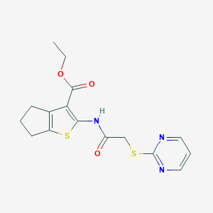 molecular formula C16H17N3O3S2 B389319 ethyl 2-{[(2-pyrimidinylsulfanyl)acetyl]amino}-5,6-dihydro-4H-cyclopenta[b]thiophene-3-carboxylate 