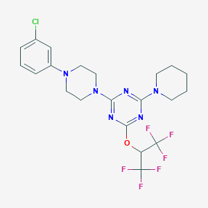 molecular formula C21H23ClF6N6O B389331 2-[4-(3-Chlorophenyl)piperazino]-4-piperidino-6-[2,2,2-trifluoro-1-(trifluoromethyl)ethoxy]-1,3,5-triazine 