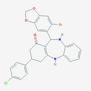 molecular formula C26H20BrClN2O3 B389341 6-(6-Bromo-1,3-benzodioxol-5-yl)-9-(4-chlorophenyl)-5,6,8,9,10,11-hexahydrobenzo[b][1,4]benzodiazepin-7-one 