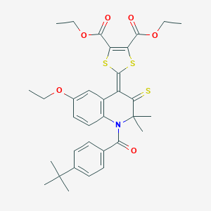molecular formula C33H37NO6S3 B389362 diethyl 2-(1-(4-tert-butylbenzoyl)-6-ethoxy-2,2-dimethyl-3-thioxo-2,3-dihydro-4(1H)-quinolinylidene)-1,3-dithiole-4,5-dicarboxylate 