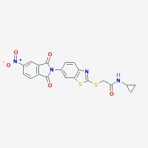 molecular formula C20H14N4O5S2 B389428 N-cyclopropyl-2-[(6-{5-nitro-1,3-dioxo-1,3-dihydro-2H-isoindol-2-yl}-1,3-benzothiazol-2-yl)sulfanyl]acetamide 