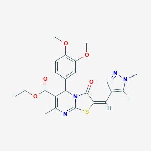 molecular formula C24H26N4O5S B389454 (E)-ethyl 5-(3,4-dimethoxyphenyl)-2-((1,5-dimethyl-1H-pyrazol-4-yl)methylene)-7-methyl-3-oxo-3,5-dihydro-2H-thiazolo[3,2-a]pyrimidine-6-carboxylate CAS No. 484641-27-2
