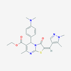 molecular formula C24H27N5O3S B389456 (E)-ethyl 2-((1,5-dimethyl-1H-pyrazol-4-yl)methylene)-5-(4-(dimethylamino)phenyl)-7-methyl-3-oxo-3,5-dihydro-2H-thiazolo[3,2-a]pyrimidine-6-carboxylate CAS No. 309920-59-0