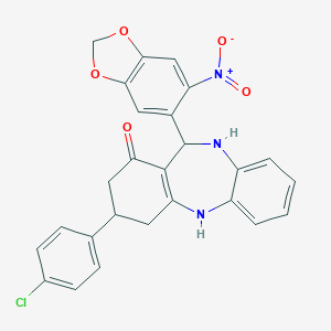 molecular formula C26H20ClN3O5 B389468 9-(4-Chlorophenyl)-6-(6-nitro-1,3-benzodioxol-5-yl)-5,6,8,9,10,11-hexahydrobenzo[b][1,4]benzodiazepin-7-one 