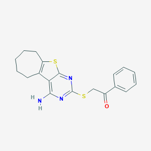 molecular formula C19H19N3OS2 B389479 2-[(4-amino-6,7,8,9-tetrahydro-5H-cyclohepta[4,5]thieno[2,3-d]pyrimidin-2-yl)sulfanyl]-1-phenylethanone 