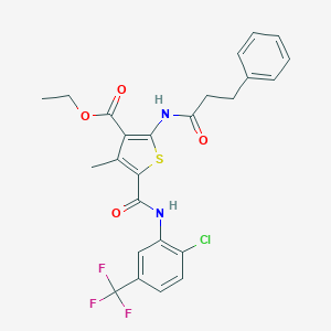 molecular formula C25H22ClF3N2O4S B389491 Ethyl 5-({[2-chloro-5-(trifluoromethyl)phenyl]amino}carbonyl)-4-methyl-2-[(3-phenylpropanoyl)amino]thiophene-3-carboxylate 