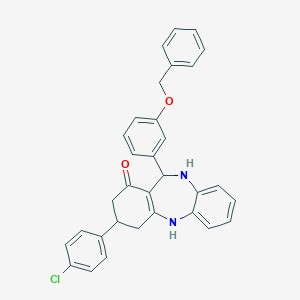 molecular formula C32H27ClN2O2 B389501 11-[3-(benzyloxy)phenyl]-3-(4-chlorophenyl)-2,3,4,5,10,11-hexahydro-1H-dibenzo[b,e][1,4]diazepin-1-one 