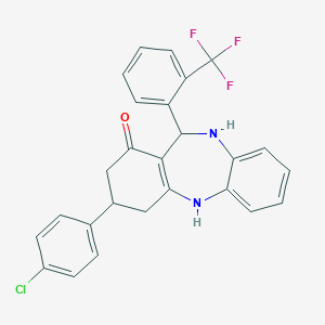molecular formula C26H20ClF3N2O B389512 9-(4-Chlorophenyl)-6-[2-(trifluoromethyl)phenyl]-5,6,8,9,10,11-hexahydrobenzo[b][1,4]benzodiazepin-7-one 