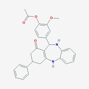 molecular formula C28H26N2O4 B389528 2-methoxy-4-(1-oxo-3-phenyl-2,3,4,5,10,11-hexahydro-1H-dibenzo[b,e][1,4]diazepin-11-yl)phenyl acetate 