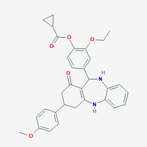 molecular formula C32H32N2O5 B389545 [2-Ethoxy-4-[9-(4-methoxyphenyl)-7-oxo-5,6,8,9,10,11-hexahydrobenzo[b][1,4]benzodiazepin-6-yl]phenyl] cyclopropanecarboxylate CAS No. 6073-66-1