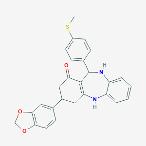 molecular formula C27H24N2O3S B389548 9-(1,3-Benzodioxol-5-yl)-6-(4-methylsulfanylphenyl)-5,6,8,9,10,11-hexahydrobenzo[b][1,4]benzodiazepin-7-one 