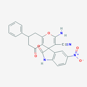 molecular formula C23H16N4O5 B389551 2-Amino-5'-nitro-2',5-dioxo-7-phenyl-1',2',5,6,7,8-hexahydrospiro[chromene-4,3'-indole]-3-carbonitrile 