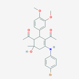 molecular formula C25H28BrNO5 B389559 1-[3-Acetyl-4-(4-bromoanilino)-2-(3,4-dimethoxyphenyl)-6-hydroxy-6-methyl-3-cyclohexen-1-yl]ethanone 