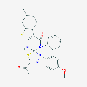 molecular formula C27H26N4O3S2 B389579 5'-acetyl-3'-(4-methoxyphenyl)-7-methyl-3-phenyl-5,6,7,8-tetrahydro-1H,3'H-spiro[1-benzothieno[2,3-d]pyrimidine-2,2'-[1,3,4]thiadiazol]-4(3H)-one 