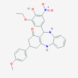 molecular formula C28H27N3O6 B389613 11-(3-ethoxy-4-hydroxy-5-nitrophenyl)-3-(4-methoxyphenyl)-2,3,4,5,10,11-hexahydro-1H-dibenzo[b,e][1,4]diazepin-1-one 