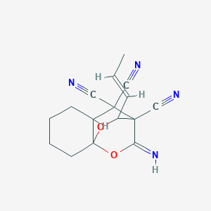 molecular formula C16H16N4O2 B389622 9-Imino-12-(1-propenyl)-10,11-dioxatricyclo[6.2.2.0~1,6~]dodecane-7,7,8-tricarbonitrile 