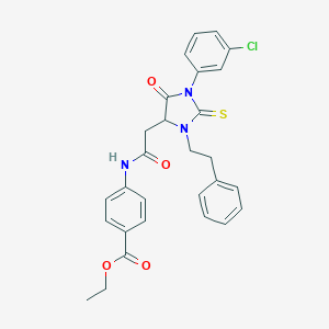 molecular formula C28H26ClN3O4S B389628 Ethyl 4-({[1-(3-chlorophenyl)-5-oxo-3-(2-phenylethyl)-2-thioxoimidazolidin-4-yl]acetyl}amino)benzoate CAS No. 499219-30-6