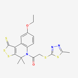 molecular formula C19H19N3O2S5 B3896374 1-(8-ethoxy-4,4-dimethyl-1-thioxo-1,4-dihydro-5H-[1,2]dithiolo[3,4-c]quinolin-5-yl)-2-[(5-methyl-1,3,4-thiadiazol-2-yl)sulfanyl]ethanone 