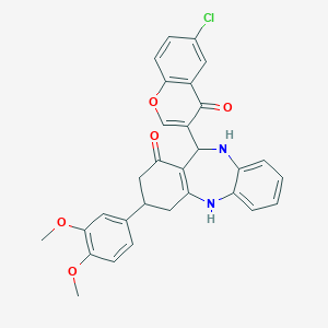 molecular formula C30H25ClN2O5 B389658 11-(6-chloro-4-oxo-4H-chromen-3-yl)-3-(3,4-dimethoxyphenyl)-2,3,4,5,10,11-hexahydro-1H-dibenzo[b,e][1,4]diazepin-1-one 