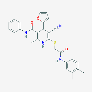 molecular formula C28H26N4O3S B389693 5-cyano-6-[2-(3,4-dimethylanilino)-2-oxoethyl]sulfanyl-4-(furan-2-yl)-2-methyl-N-phenyl-1,4-dihydropyridine-3-carboxamide CAS No. 361372-62-5