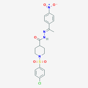 molecular formula C20H21ClN4O5S B389744 1-[(4-chlorophenyl)sulfonyl]-N'-(1-{4-nitrophenyl}ethylidene)-4-piperidinecarbohydrazide 