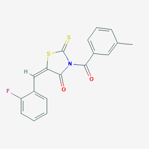 molecular formula C18H12FNO2S2 B389764 (5E)-5-(2-fluorobenzylidene)-3-[(3-methylphenyl)carbonyl]-2-thioxo-1,3-thiazolidin-4-one 