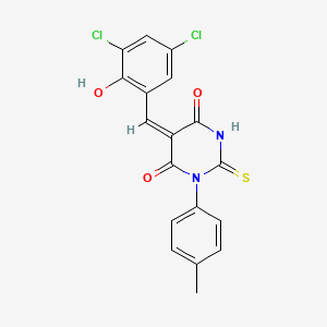 molecular formula C18H12Cl2N2O3S B3898034 5-(3,5-dichloro-2-hydroxybenzylidene)-1-(4-methylphenyl)-2-thioxodihydro-4,6(1H,5H)-pyrimidinedione 