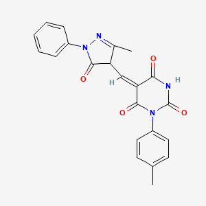 molecular formula C22H18N4O4 B3898353 (5E)-5-[(3-methyl-5-oxo-1-phenyl-4,5-dihydro-1H-pyrazol-4-yl)methylidene]-1-(4-methylphenyl)pyrimidine-2,4,6(1H,3H,5H)-trione 