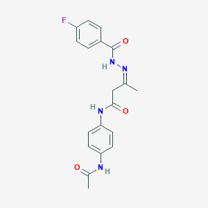 molecular formula C19H19FN4O3 B389845 N-[4-(acetylamino)phenyl]-3-[(4-fluorobenzoyl)hydrazono]butanamide 