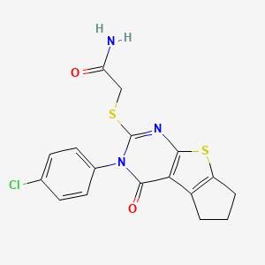 molecular formula C17H14ClN3O2S2 B3900606 2-{[3-(4-chlorophenyl)-4-oxo-3,5,6,7-tetrahydro-4H-cyclopenta[4,5]thieno[2,3-d]pyrimidin-2-yl]thio}acetamide 