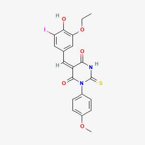 (5E)-5-[(3-ethoxy-4-hydroxy-5-iodophenyl)methylidene]-1-(4-methoxyphenyl)-2-sulfanylidene-1,3-diazinane-4,6-dione