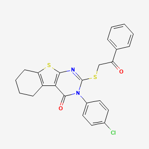 molecular formula C24H19ClN2O2S2 B3900832 3-(4-chlorophenyl)-2-[(2-oxo-2-phenylethyl)sulfanyl]-5,6,7,8-tetrahydro[1]benzothieno[2,3-d]pyrimidin-4(3H)-one 